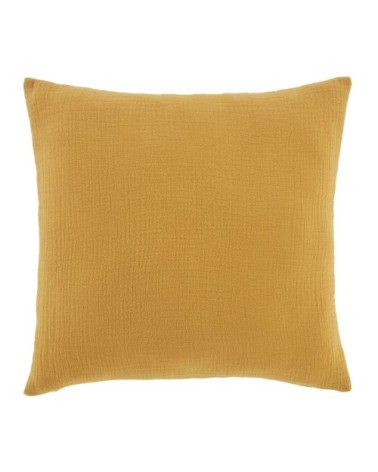 Coussin gauffré broderie oie jaune moutarde et dorée, 35x35