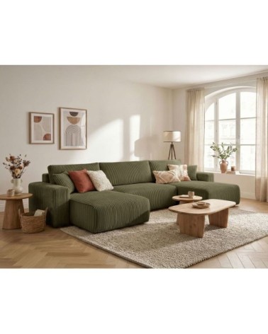 Canapé panoramique convertible 6p alya velours cotelé épais vert kaki