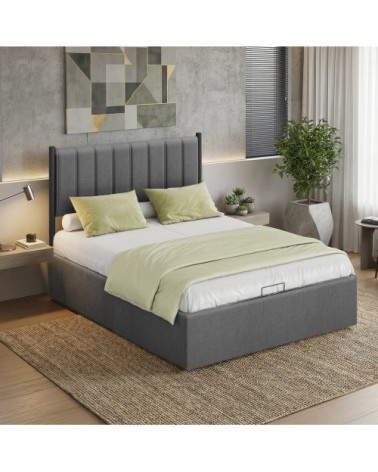 Lit double avec matelas 140 x 190cm tête de lit ajustable bleu et gris