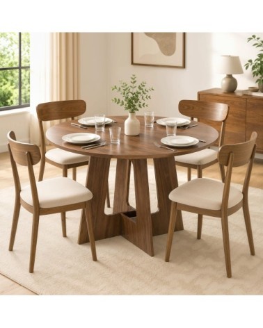 Table à manger ronde 4 personnes base croisée bois marron