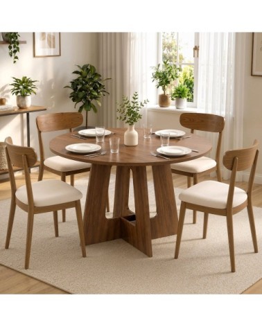 Table à manger ronde 4 personnes base croisée bois marron