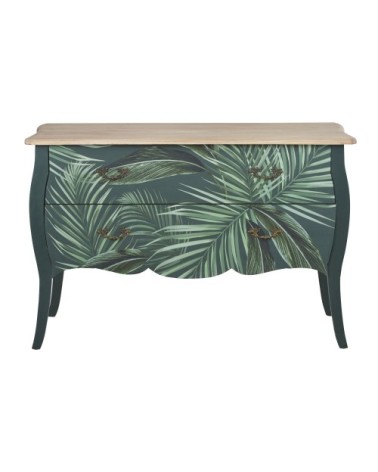 Commode 2 tiroirs en bois vert, imprimé feuilles 121x80