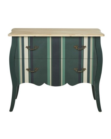 Commode 2 tiroirs en bois bleu vert, imprimé lignes verticales 96x80