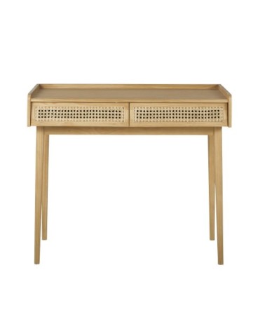 Bureau vintage 2 tiroirs en pin et cannage en rotin