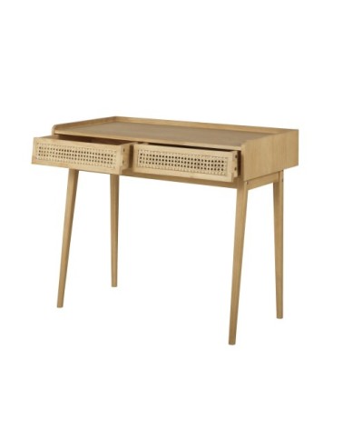Bureau vintage 2 tiroirs en pin et cannage en rotin