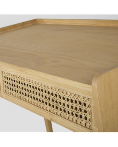 Bureau vintage 2 tiroirs en pin et cannage en rotin
