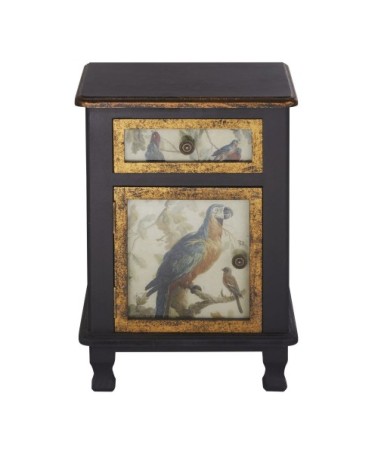 Table de chevet 1 porte 1 tiroir noire et dorée à motifs