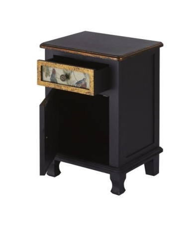 Table de chevet 1 porte 1 tiroir noire et dorée à motifs