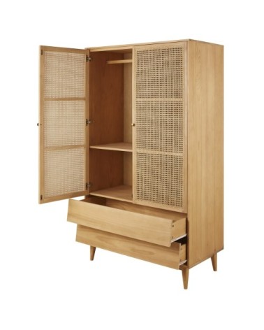 Armoire 2 portes battantes 2 tiroirs cannage en rotin L105