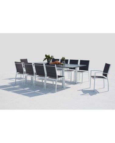 Table de jardin extensible et 10 chaises alu/textilène blanc