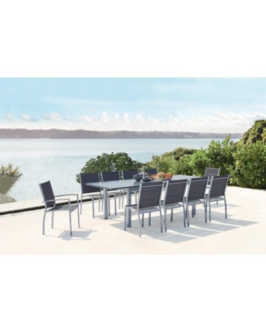 Table de jardin extensible et 10 chaises alu/textilène gris