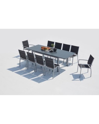 Table de jardin extensible et 10 chaises alu/textilène gris