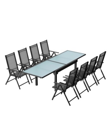 Table de jardin extensible et 8 fauteuils en alu et textilène