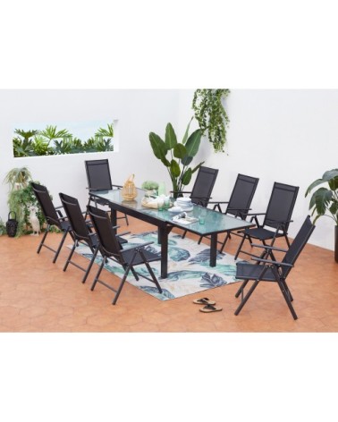 Table de jardin extensible et 8 fauteuils en alu et textilène