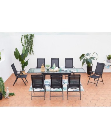 Table de jardin extensible et 8 fauteuils en alu et textilène