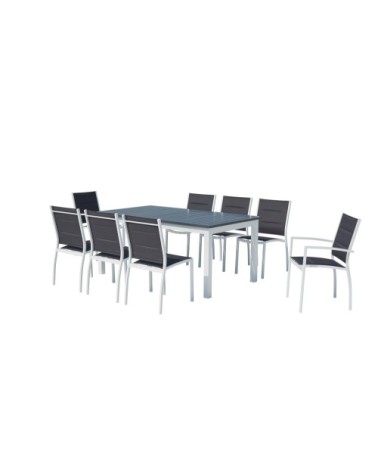 Table de jardin extensible et 8 chaises alu/textilène blanc