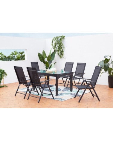 Table de jardin extensible et 6 fauteuils en alu et textilène