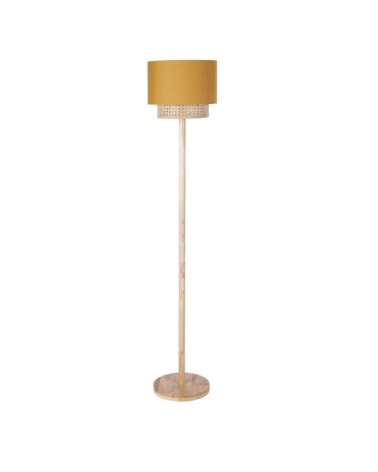 Lampadaire fixe en bois d'hévéa avec abat-jour en rotin et tissu jaune H146