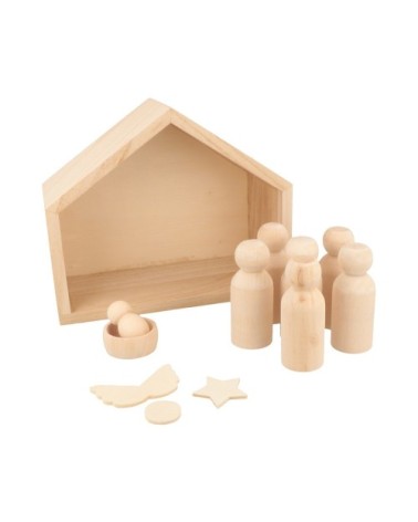 Crèche bois + pions 18x8x15cm