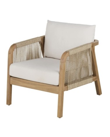 Fauteuil de jardin en bois d'acacia massif et coussins en polyester recyclé écru