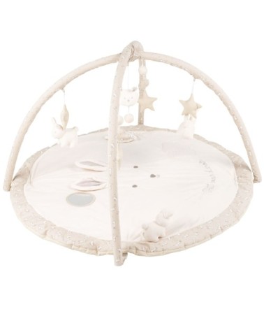 Tapis d'éveil bébé rond écru, blanc et taupe D90