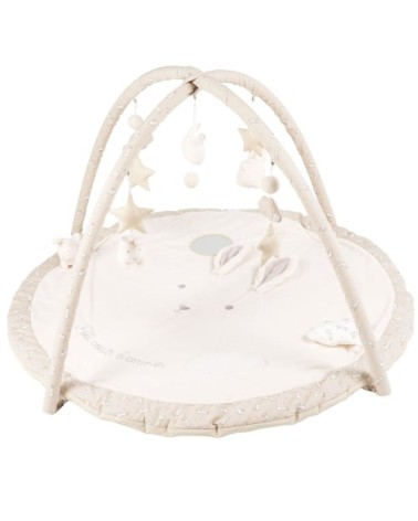 Tapis d'éveil bébé rond écru, blanc et taupe D90
