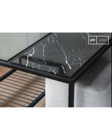 Table basse carrée en marbre noir et poufs gris