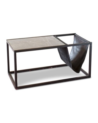 Table basse porte-revue en pierre et métal noir