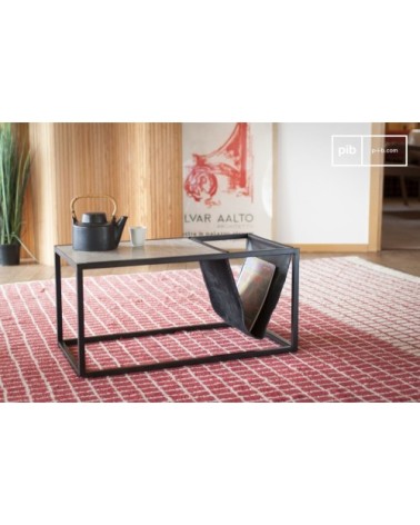 Table basse porte-revue en pierre et métal noir