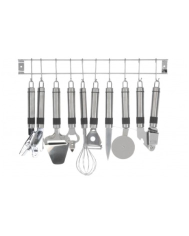 Set de 8 ustensiles de cuisine en acier inoxydable avec support mural