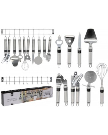Set de 8 ustensiles de cuisine en acier inoxydable avec support mural