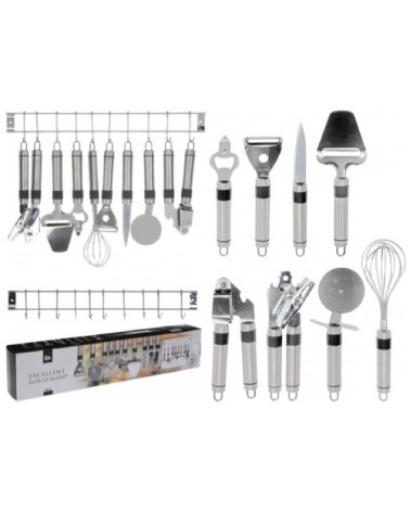 Set de 8 ustensiles de cuisine en acier inoxydable avec support mural