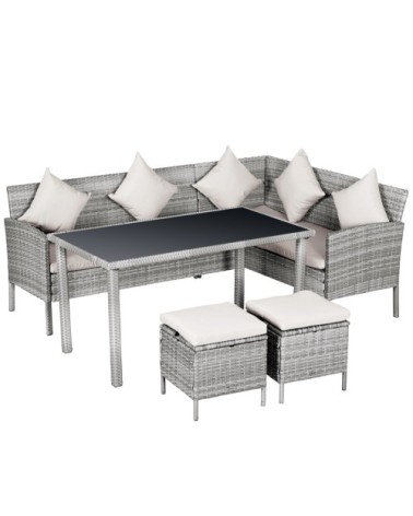 Salon de jardin d'angle 6 places avec poufs er table à manger gris