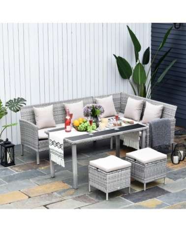 Salon de jardin d'angle 6 places avec poufs er table à manger gris