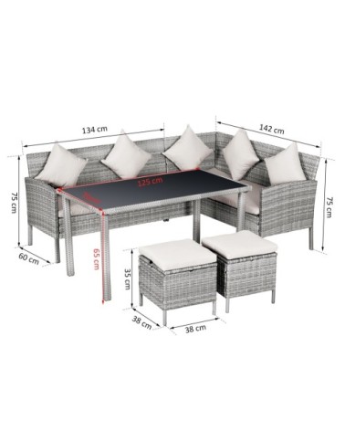 Salon de jardin d'angle 6 places avec poufs er table à manger gris