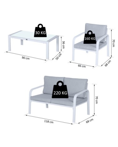 Ensemble salon de jardin 4 places style Yachting gris blanc