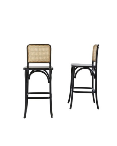 Tabouret de bar en acajou massif et cannage noir (lot de 2)