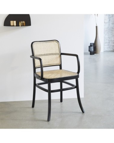 Chaise en acajou massif et cannage avec accoudoirs