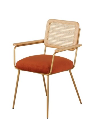 Fauteuil de table cannage en rotin et velours orange écureuil