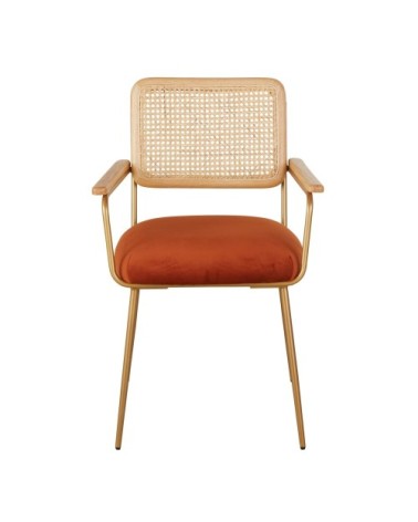 Fauteuil de table cannage en rotin et velours orange écureuil