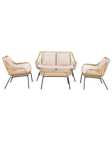 Salon de jardin 4 places 4 pièces style exotique coussins inclus beige