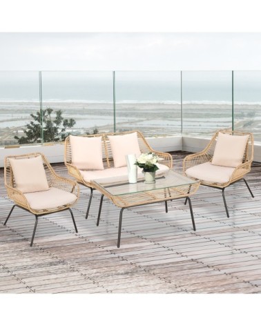Salon de jardin 4 places 4 pièces style exotique coussins inclus beige
