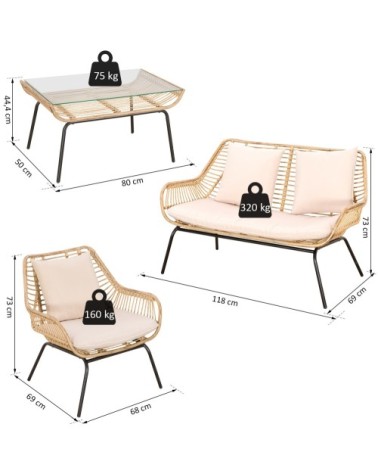 Salon de jardin 4 places 4 pièces style exotique coussins inclus beige