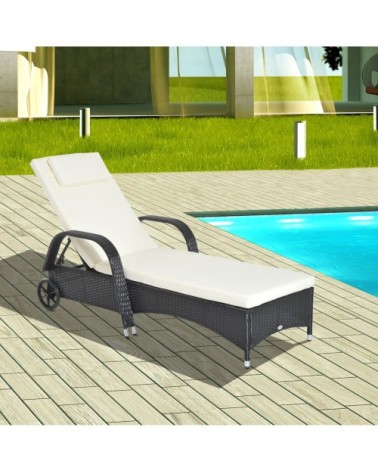 Bain de soleil avec matelas avec tétière résine tressée noir