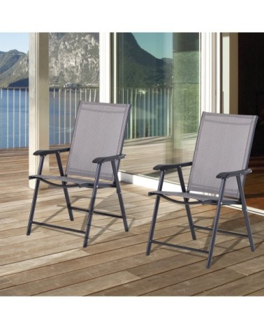 Lot 2 chaises de jardin pliantes accoudoirs métal textilène noir gris