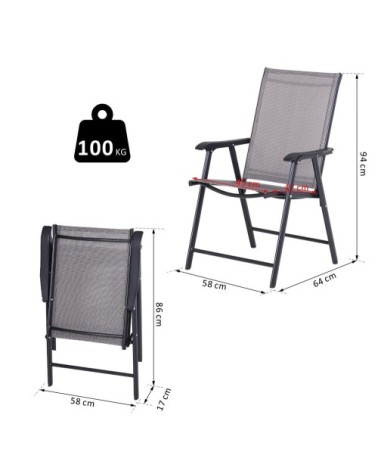 Lot 2 chaises de jardin pliantes accoudoirs métal textilène noir gris