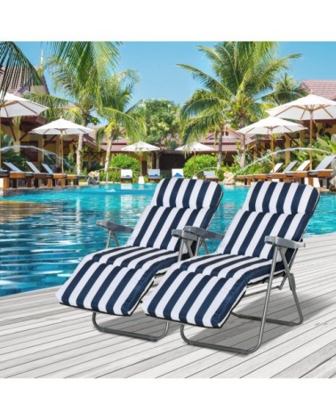 Lot de 2 chaises longues pliables bleu blanc