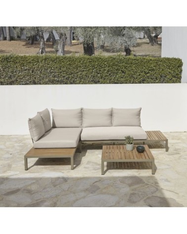 Salon modulable de jardin 4/6 places en acacia massif coloris imitation teck, aluminium vert kaki et coussins gris