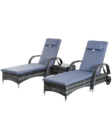 Lot de 2 bains de soleil avec matelas table basse résine tressée gris