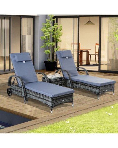 Lot de 2 bains de soleil avec matelas table basse résine tressée gris
